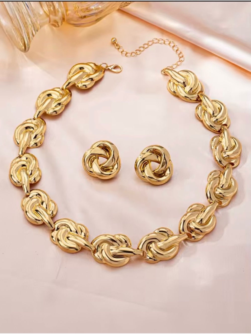 Gold Knot Link Necklace and Stud Earrings Set - Women Jewelry